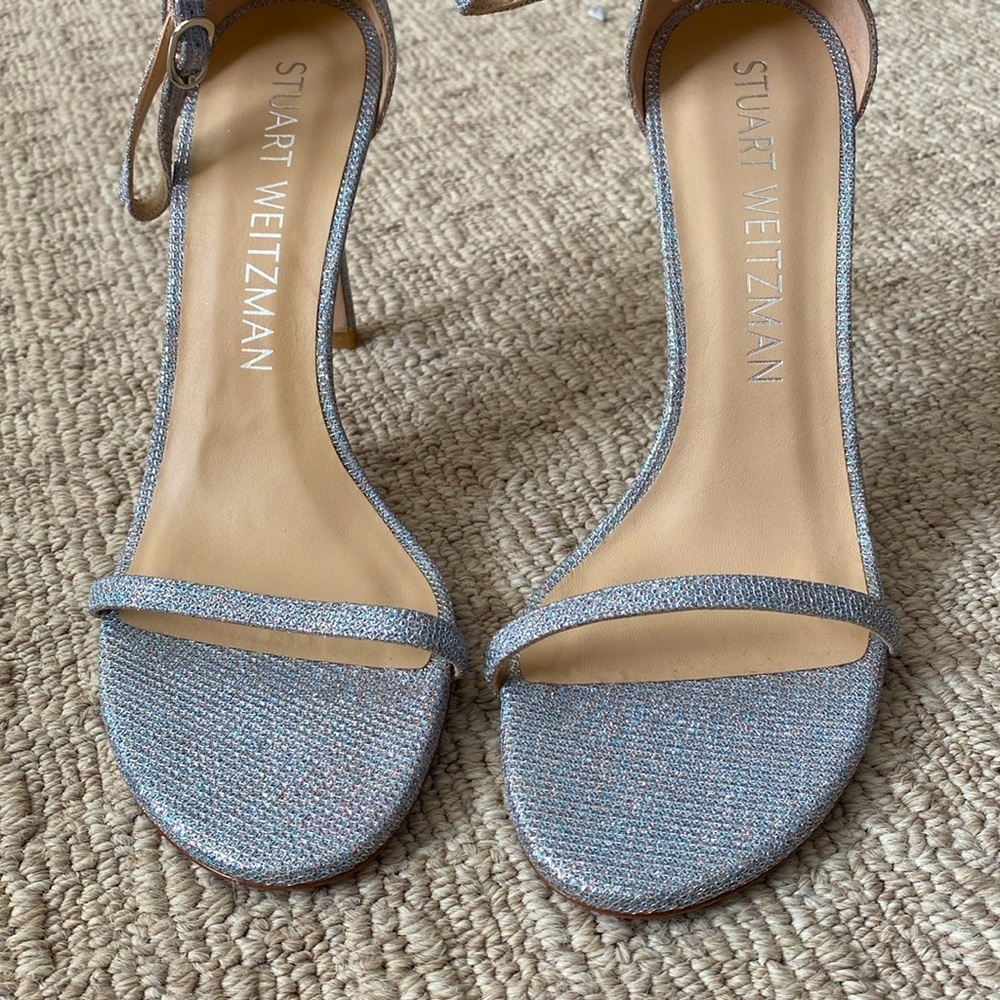 Stuart Weitzman Embellished Silver Sparkle Shimmer Nudistsong Sandals 120 sz 10 - Picture 6 of 11